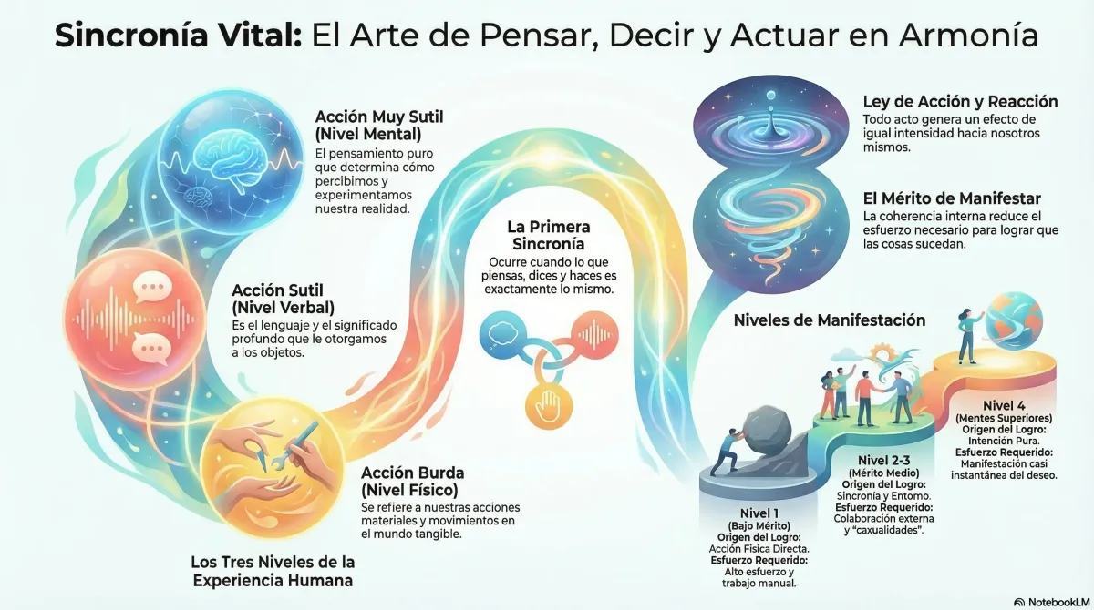 Infografía: Los tres tipos de acciones humanas — burdas (físicas), sutiles (verbales) y muy sutiles (mentales) — y los cuatro niveles de manifestación