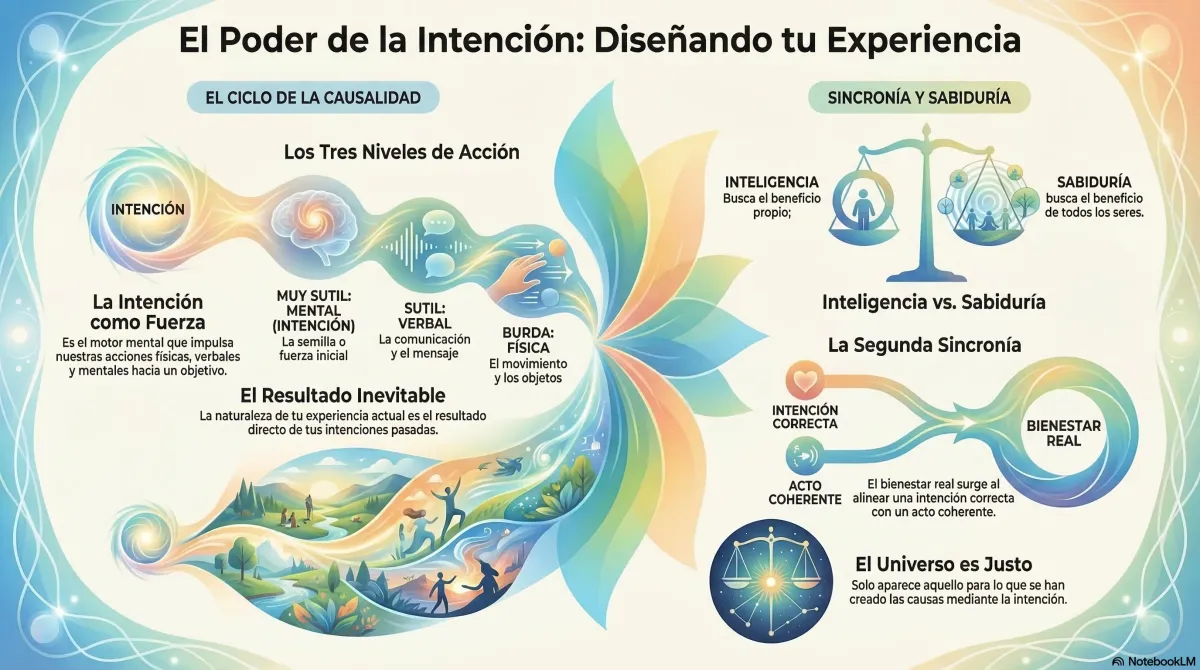 Infografía: La intención como fuerza que mueve la mente — la segunda sincronía, inteligencia vs sabiduría, y los tres tipos de experiencias